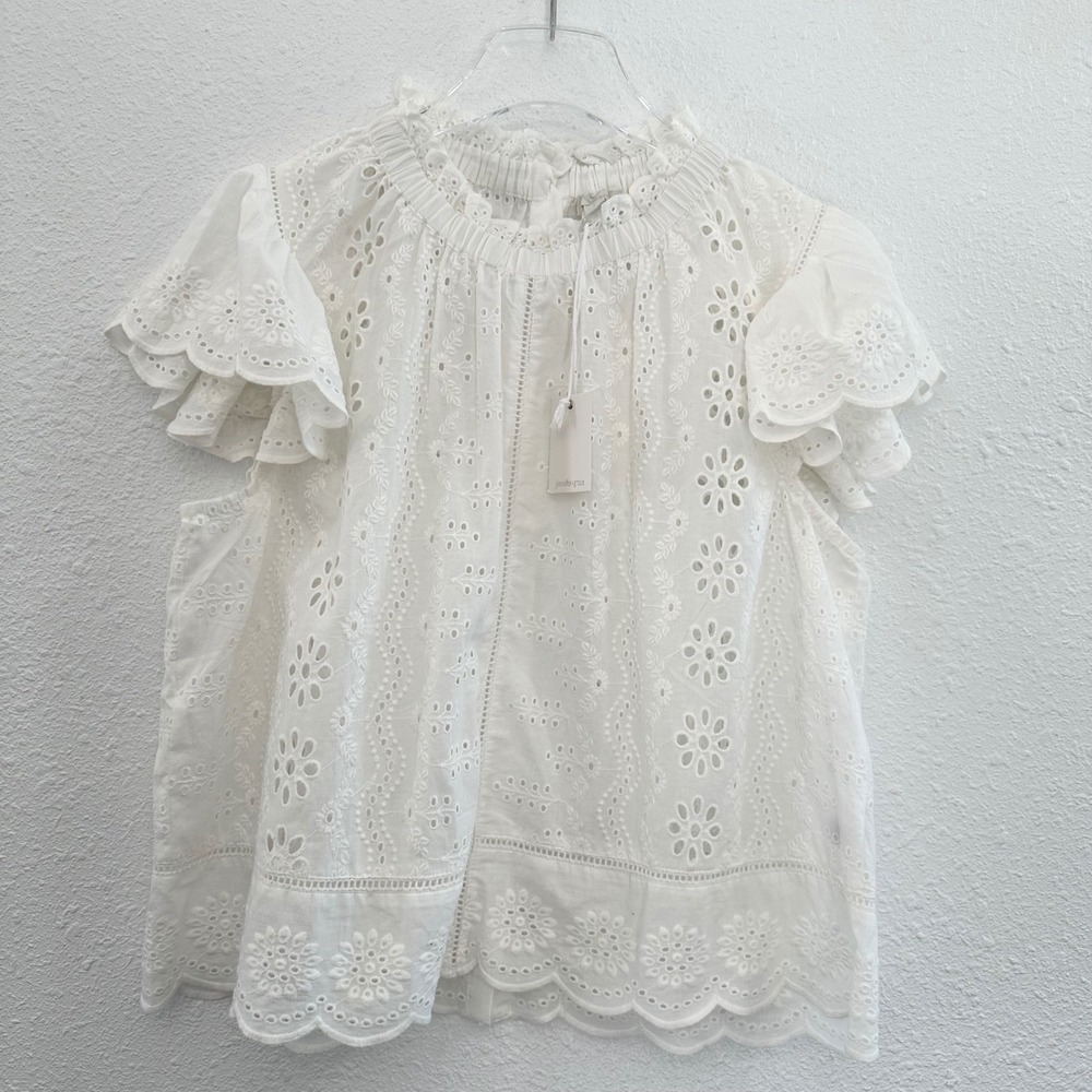Jennifer Grace Eyelet Blouse Women Large White Flutter Sleeve Parisian Romantic